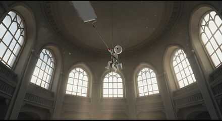 Obraz premium Futuristic Figure Suspended in Grand Domed Hall with Streaming Sunlight, Blending Classical Architecture and Modern Art