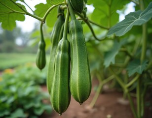 Angled luffa gourds Luffa acutangular grow fresh on a vine in a garden. These ridged, green vegetables from the Cucurbitaceae family offer natural, organic nourishment.