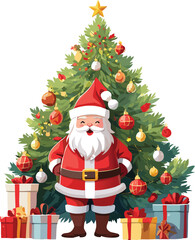 santa claus smile with gifts on tree