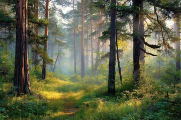 Obraz premium Beautiful morning light shines through a tranquil forest path surrounded by tall trees and lush greenery in a picturesque landscape of nature