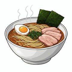 Steaming bowl of flavorful Japanese ramen illustration, rich broth, delicious noodles, tender pork slices, soft-boiled egg, green onions, seaweed