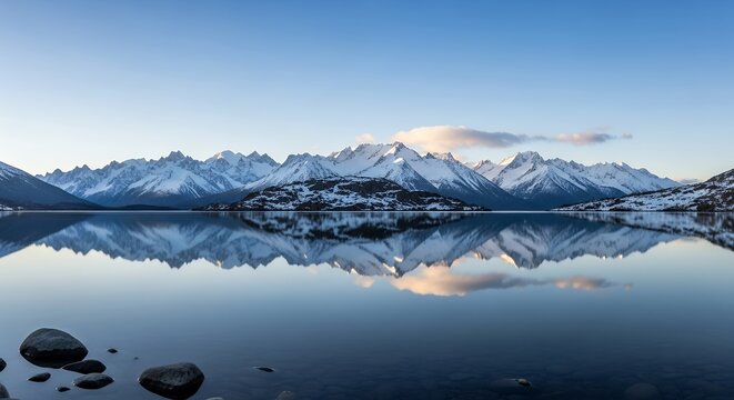 Magnificent snow-capped mountains reflecting in a calm, glassy lake under a bright blue sky. Concept for travel destination, pristine wilderness, and winter scenery - Powered by Adobe