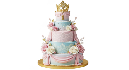 Elegant four-tiered pastel wedding cake crowned with gold ornate topper decorated with delicate flowers and ribbons transparent background