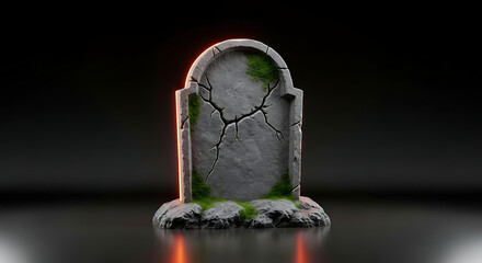 Cracked Tombstone with Moss for Halloween on Dark Background