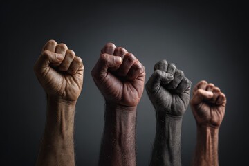 Hands raised in solidarity with closed fists representing unity among diverse cultures and backgrounds