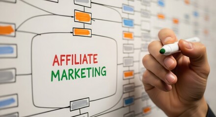 Hand Drawing Affiliate Marketing Flowchart on Whiteboard