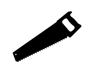 Black silhouette of a hand saw with handle on white background