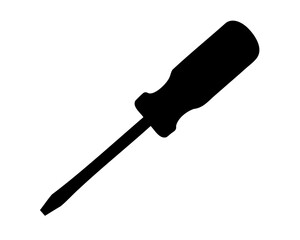 A stark black and white silhouette of a simple flathead screwdriver