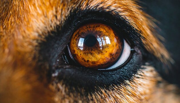 Close-up of a dog's amber eye, surrounded by dark fur