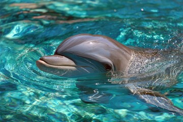 Obraz premium Dolphin gracefully swimming in clear turquoise water under bright sunlight at a coastal area enjoying a peaceful moment