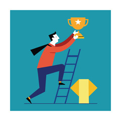 Man Climbing Ladder to Reach Trophy on Teal Background