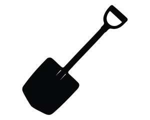 Black silhouette of a shovel with a Dshaped handle on white