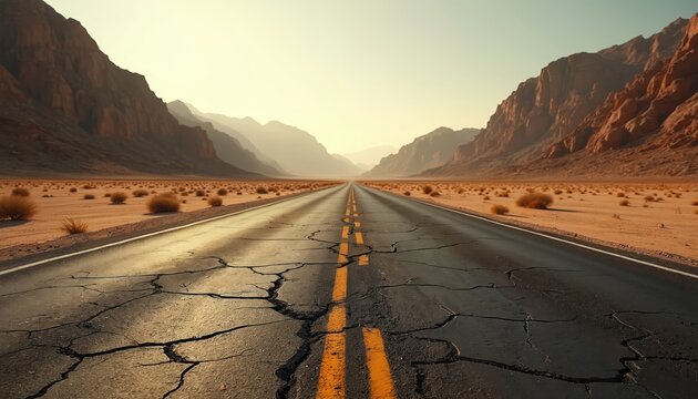 Long, cracked asphalt road with double yellow lines cuts through desolate desert landscape. Arid terrain with sparse dry bushes lines route. Towering, eroded mountains flank path under clear, bright
