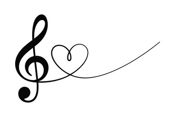 Elegant single line drawing of a treble clef seamlessly transforming into a delicate heart shape symbolizing love for music