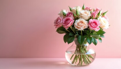 Fototapeta premium Vibrant pink, white roses fill clear glass vase, resting on pink table against soft pink backdrop. Delicate petals, green leaves create romantic, fresh floral arrangement. Beautiful bouquet joy,