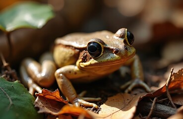 Obraz premium Brown wood frog, Lithobates sylvaticus, with dark eye mask sits among fallen leaves in forest. Amphibian wildlife subject. Natural background with green plant, selective focus, macro shot.
