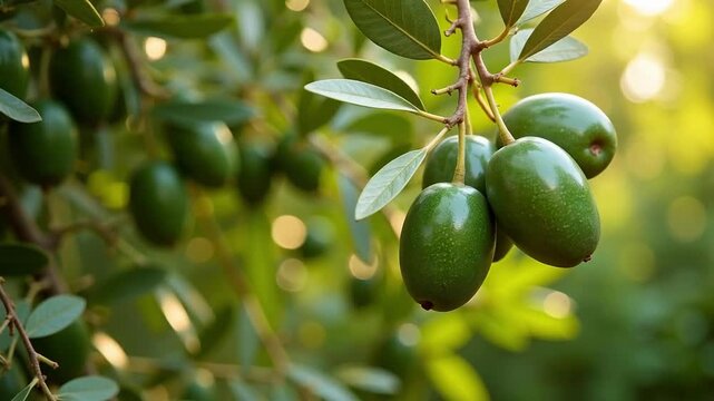 Abundant, heavy olives dangle gracefully on lush, vibrant green tree branches swaying gently in the soft, warm breeze, showcasing nature's bounty.