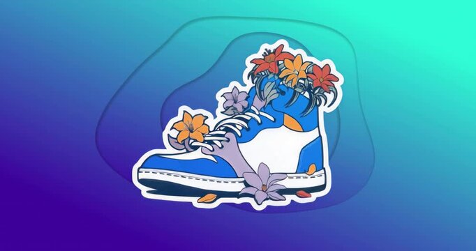 Upon loading, stylized sneaker showing flower blossoms on purple aqua gradient for spring campaign