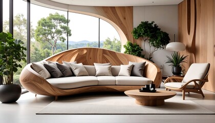 Modern curved wood sofa living room design
