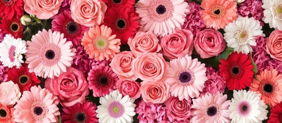 A vibrant bouquet of mixed flowers in shades of pink, red, and white.