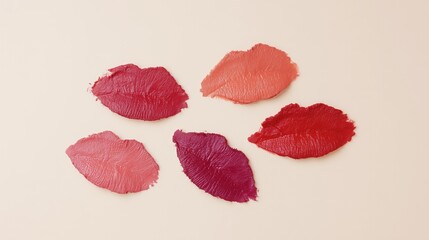 5 different lipstick swatches in the shape of lips on a beige background. Beauty and makeup. Kiss print. Five different lip sticks with various shades of pink, red and coral colors