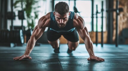 Muscular man in sportswear performing push-ups in a gym, showcasing strength and fitness.