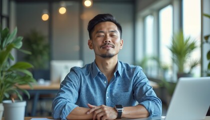 Asian man in modern office closed eyes in calm focus for stress relief therapy promoting work-life balance. Enjoys mental health break, serene meditation, peaceful work environment, productivity