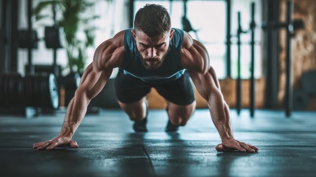 Muscular man in sportswear performing push-ups in a gym, showcasing strength and fitness.