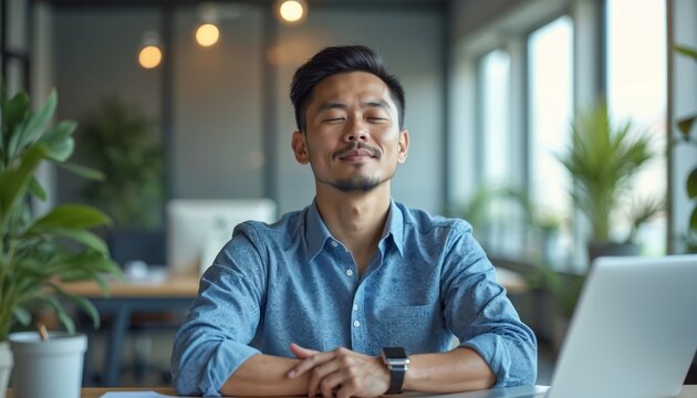 Asian man in modern office closed eyes in calm focus for stress relief therapy promoting work-life balance. Enjoys mental health break, serene meditation, peaceful work environment, productivity