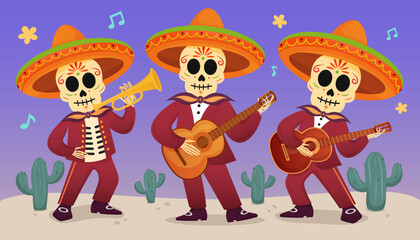 Naklejka premium Skeleton musicians in colorful outfits joyfully play instruments during Dia de Muertos celebration.
