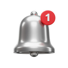 Silver notification bell with red alert badge isolated on transparent background