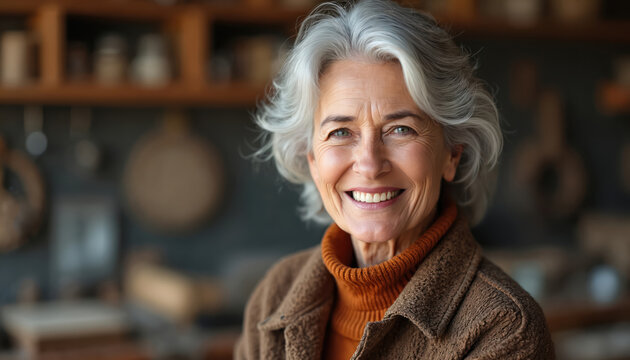 Smiling senior woman with grey hair in warm brown jacket, orange turtleneck, standing in workshop. Her joyful expression conveys passion, skill, pride of independent entrepreneurship in her craft. - Powered by Adobe