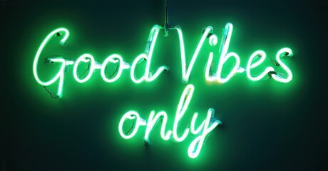 Bright green neon sign displays positive message. Text reads Good Vibes only against dark background. Simple, modern aesthetic.