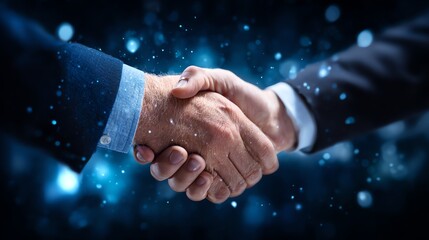 A close-up captures a firm handshake between two individuals, symbolizing agreement and trust, set against a dynamic, abstract blue background with sparkling effects.