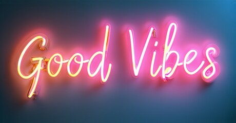 Neon sign displays Good Vibes. Pink, orange hues illuminate dark background. Positive message, stylish lettering present.