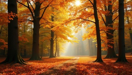 A forest path blanketed with golden and red autumn leaves, sunlight filtering through the trees. The warm, cinematic atmosphere evokes cozy autumn vibes, perfect for seasonal projects, nature photogra