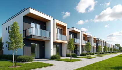 Fototapeta premium Row of modern townhouses with green lawns under bright blue sky. Contemporary architecture features balconies, large windows, clean lines. Suburban street with paved sidewalks, well-maintained