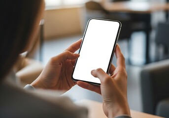 Person holding a smartphone with a blank white screen
