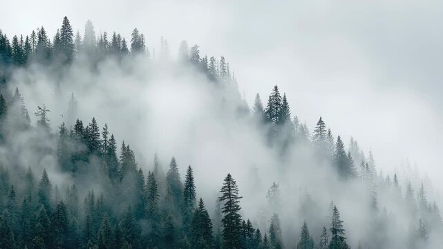 Foggy pine forest mountain landscape with dense mist and soft fog