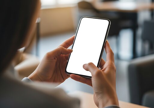 Person holding a smartphone with a blank white screen