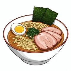 Delicious Ramen Bowl with Egg, Meat, and Seaweed in a White Bowl - Food Illustration