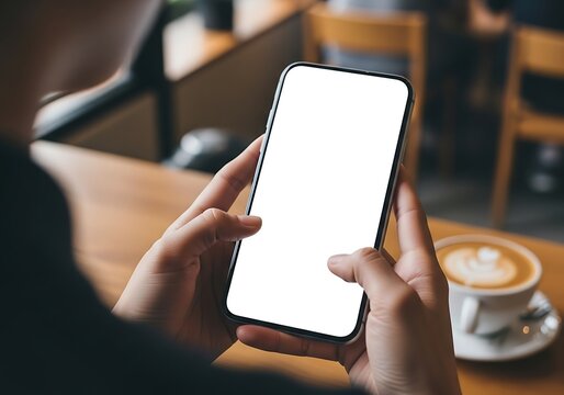 Person holding smartphone near coffee cup with blank screen