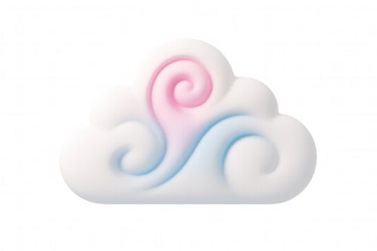White cloud computing icon with pink and blue swirls floating on a transparent background, ideal for technology and weather-related designs