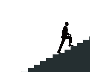 A suited man is climbing a flight of stairs, representing determination and ambition in professional life. The simple silhouette emphasizes the journey towards success and achievement.