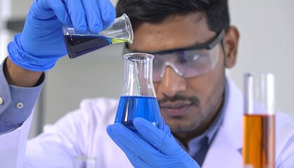 Scientist mixing chemicals in lab with safety gear and glassware.