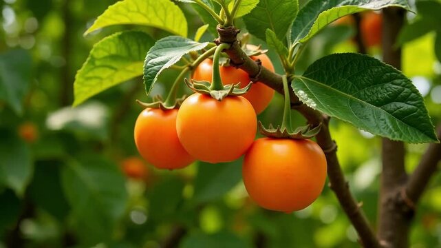 Vibrant natural persimmons sway on lush green tree branches, capturing the gentle beauty of autumn in stunning 4k video footage, perfect for nature documentaries.