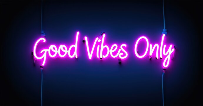 Bright pink neon sign displays Good Vibes Only against dark blue background. Simple message, positive energy radiates.