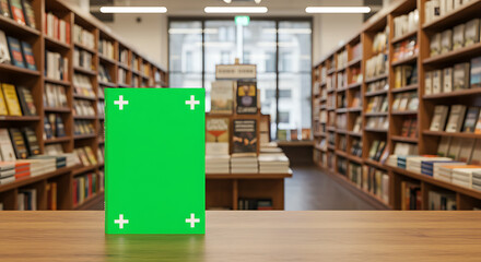 Green screen mockup of a book on a wooden table in a library, ideal for digital display, screen replacement, device branding, and billboard advertising
