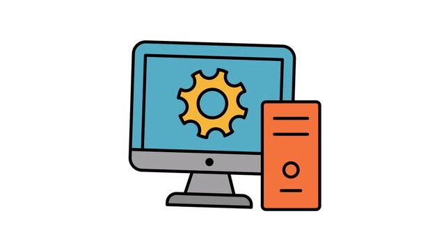 Animated information technology concept with computer tower, monitor, and gear depicting progress. Perfect for technology presentations, websites, blogs, and social media.