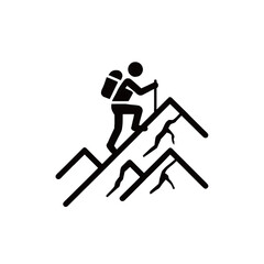 Obraz premium A hiker is climbing a rugged mountain trail, equipped with a backpack and a walking stick. The challenging terrain showcases steep peaks and rocky surfaces against a clear sky.